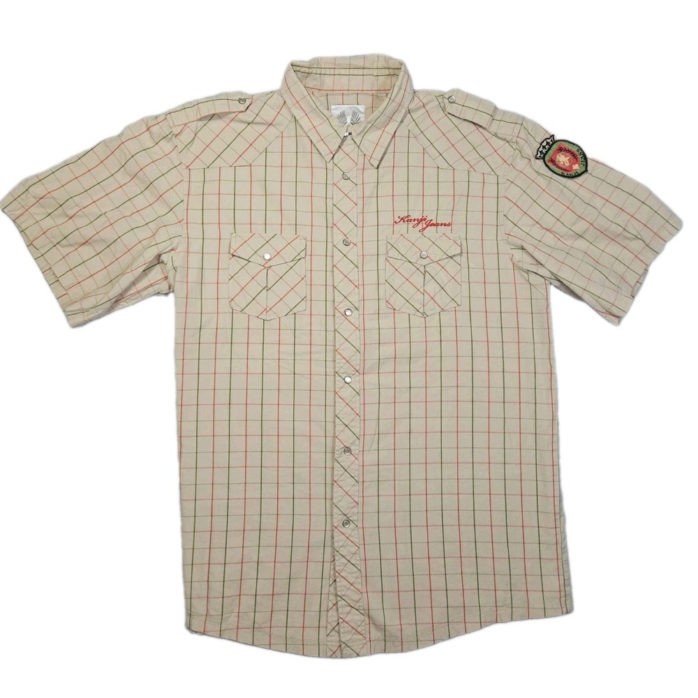 Kanji Jeans Shirt Mens 3XL Beige Plaid Short Sleeve Western Snap Pearl Crest